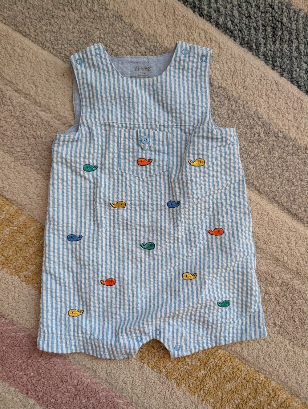 12 Month Baby Boy Blue Striped Whale Embroidered Baby Romper Shortalls